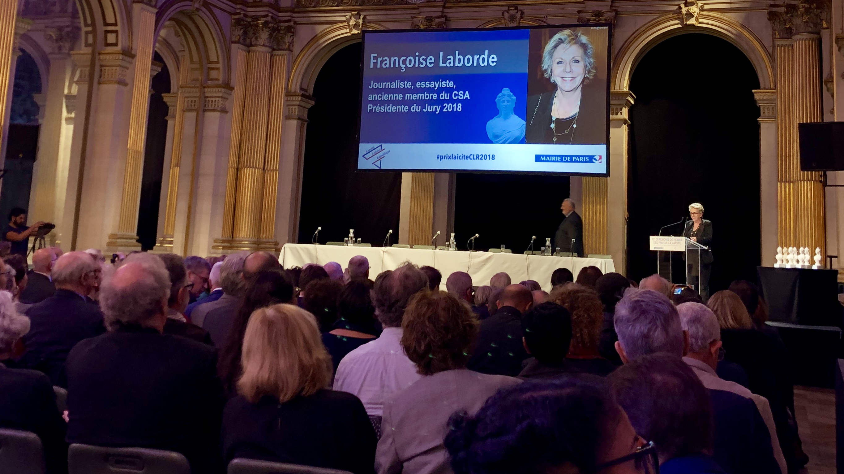 Françoise Laborde, journaliste et présidente du jury, déclare la cérémonie de remise du Prix laïcité 2018, ouverte.